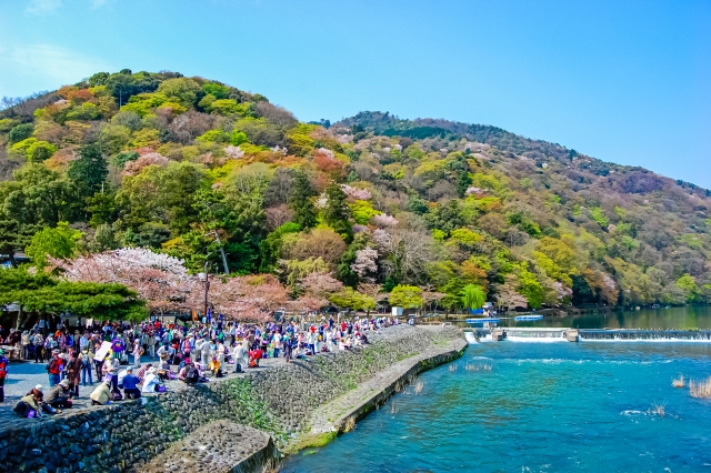 色とりどりの木々に囲まれた嵐山